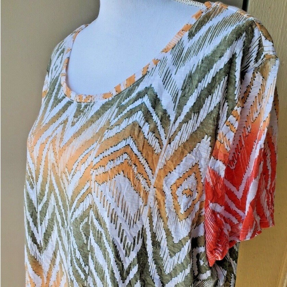 Chicos Zenergy Top Women 3‎ XL Orange Green Ikat Print Short Sleeve Tee